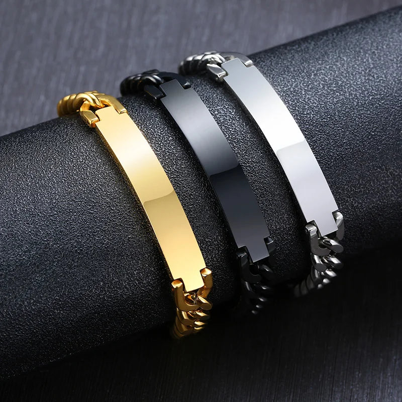 Stainless Steel Curb Chain ID Men Bracelet In Silver Color Custom Bangle Personalized Bar With Names Initials Date Male Jewelry