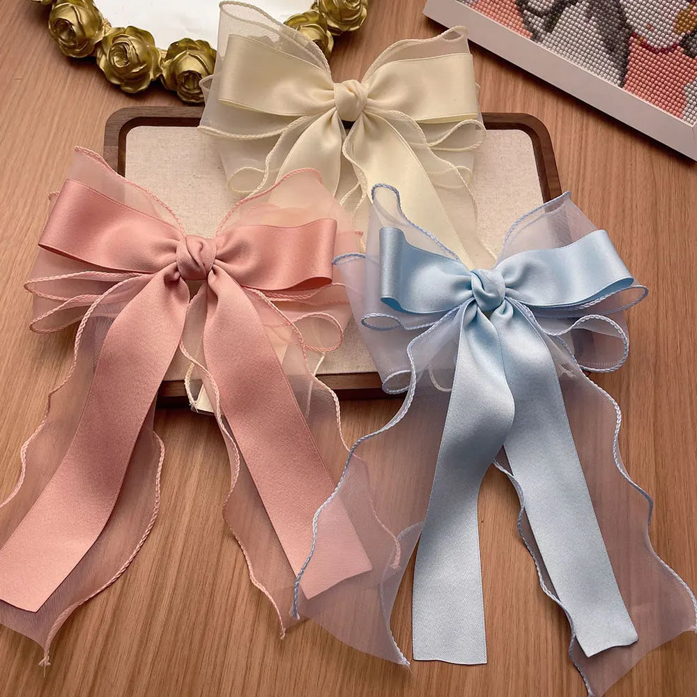 Cloth Fabric Hair Clip Long Ribbon Bow Hair Clamp DIY Hair Accessory Organza Bowknot Hairpins Elegant Barrettes Ponytail Clip