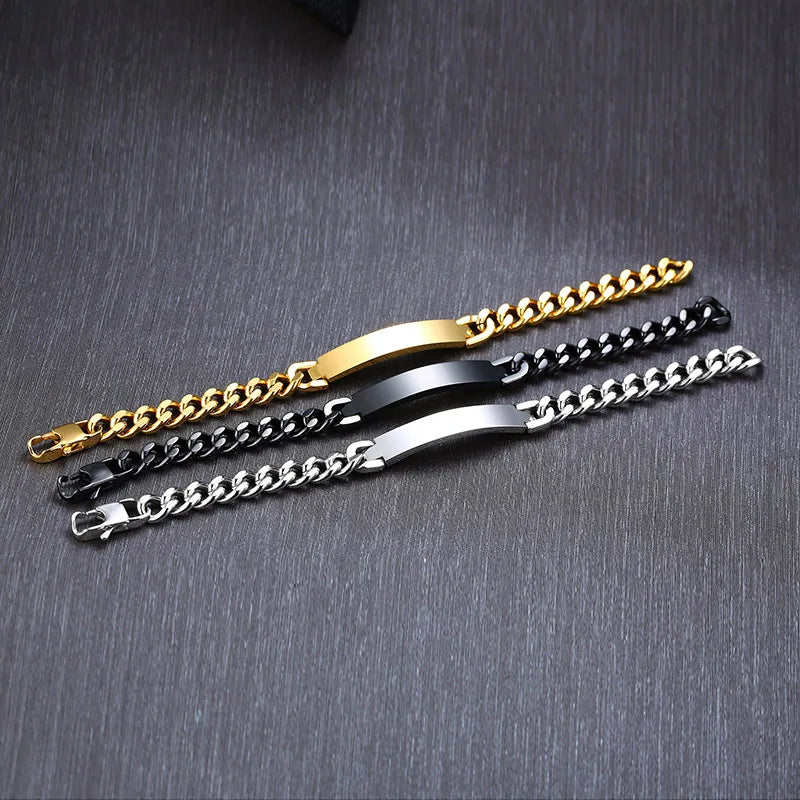 Stainless Steel Curb Chain ID Men Bracelet In Silver Color Custom Bangle Personalized Bar With Names Initials Date Male Jewelry