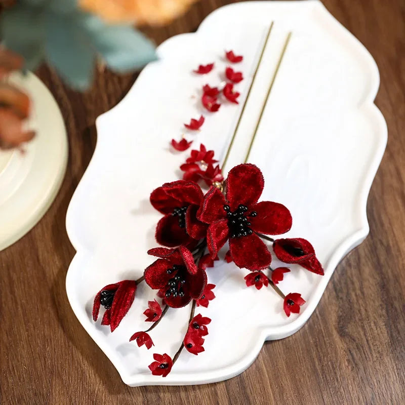 Red Flower Hair Pins Sets for Women, Elegant Lily of The Valley Fringed Hairpin for Bridal Headdress