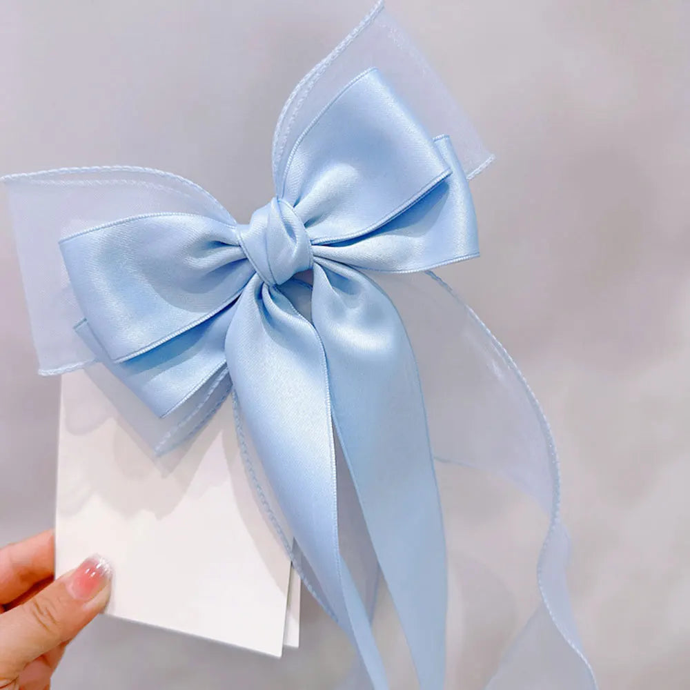 Cloth Fabric Hair Clip Long Ribbon Bow Hair Clamp DIY Hair Accessory Organza Bowknot Hairpins Elegant Barrettes Ponytail Clip