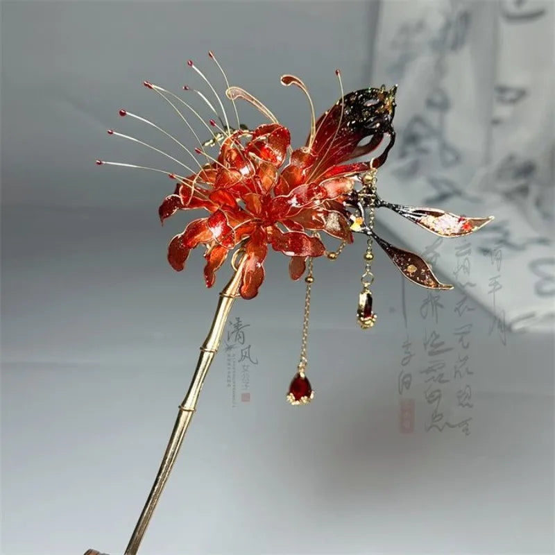 Ancient Chinese Style Manjushaka Red Spider Lily Tassel Hairpins for Hanfu Hair Accessories Daily Wear Traditional Events Gift
