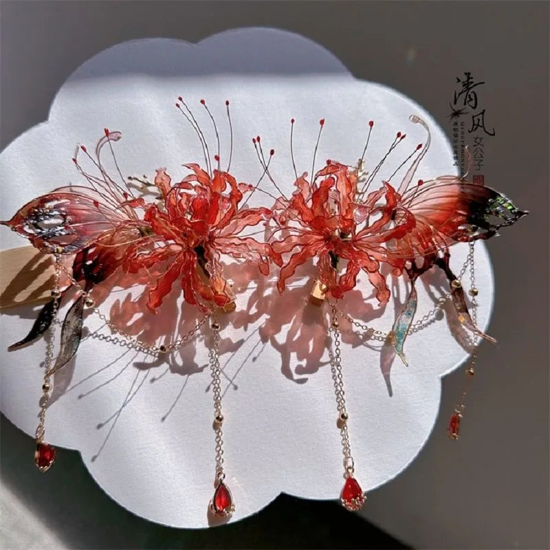 Ancient Chinese Style Manjushaka Red Spider Lily Tassel Hairpins for Hanfu Hair Accessories Daily Wear Traditional Events Gift